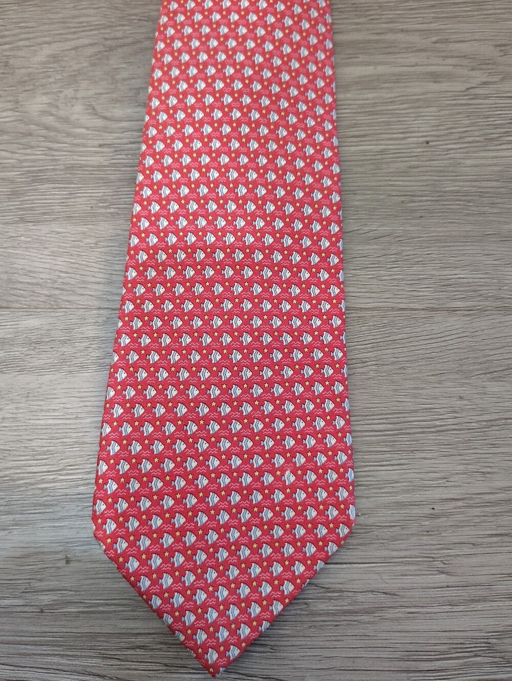 Vintage Salvatore Ferragamo Silk Necktie Red Fish Star Print Italy Damaged